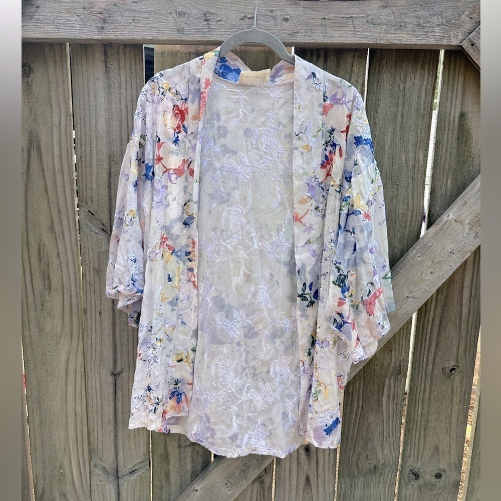 The Cove Boutique Boho Embroidered Floral Open Front Kimono Cardigan